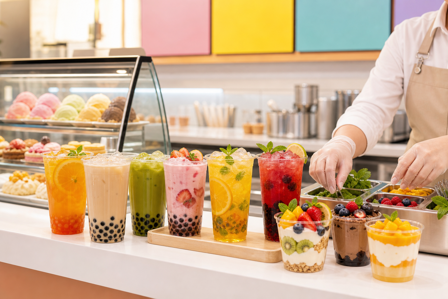 Витрина напитков, bubble tea и десертов